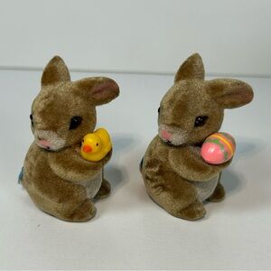 Vintage Miniature Flocked Easter Bunny Rabbit Figurine Brown Lot Of 2